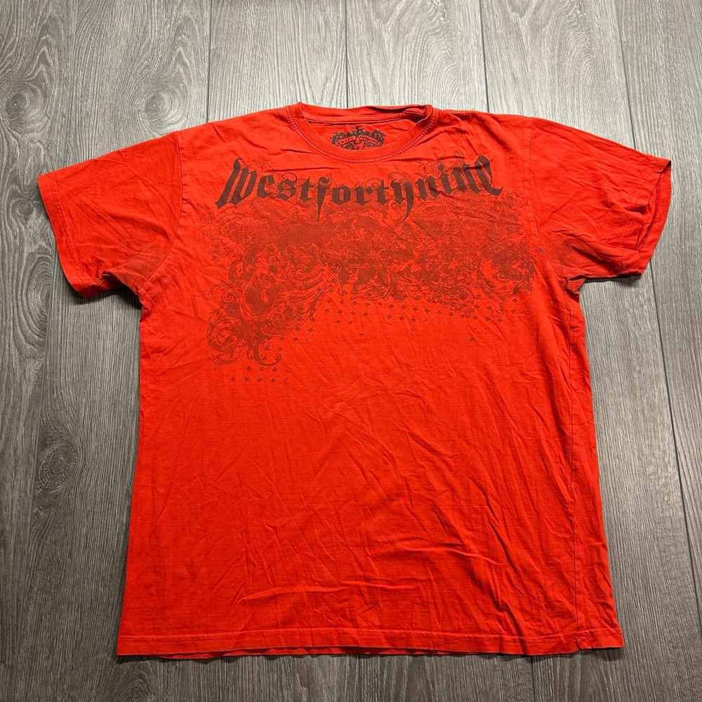 West 49 Mens Red Gothic Large Graphic T-Shirt Y2K Streetwear Skate Vintage